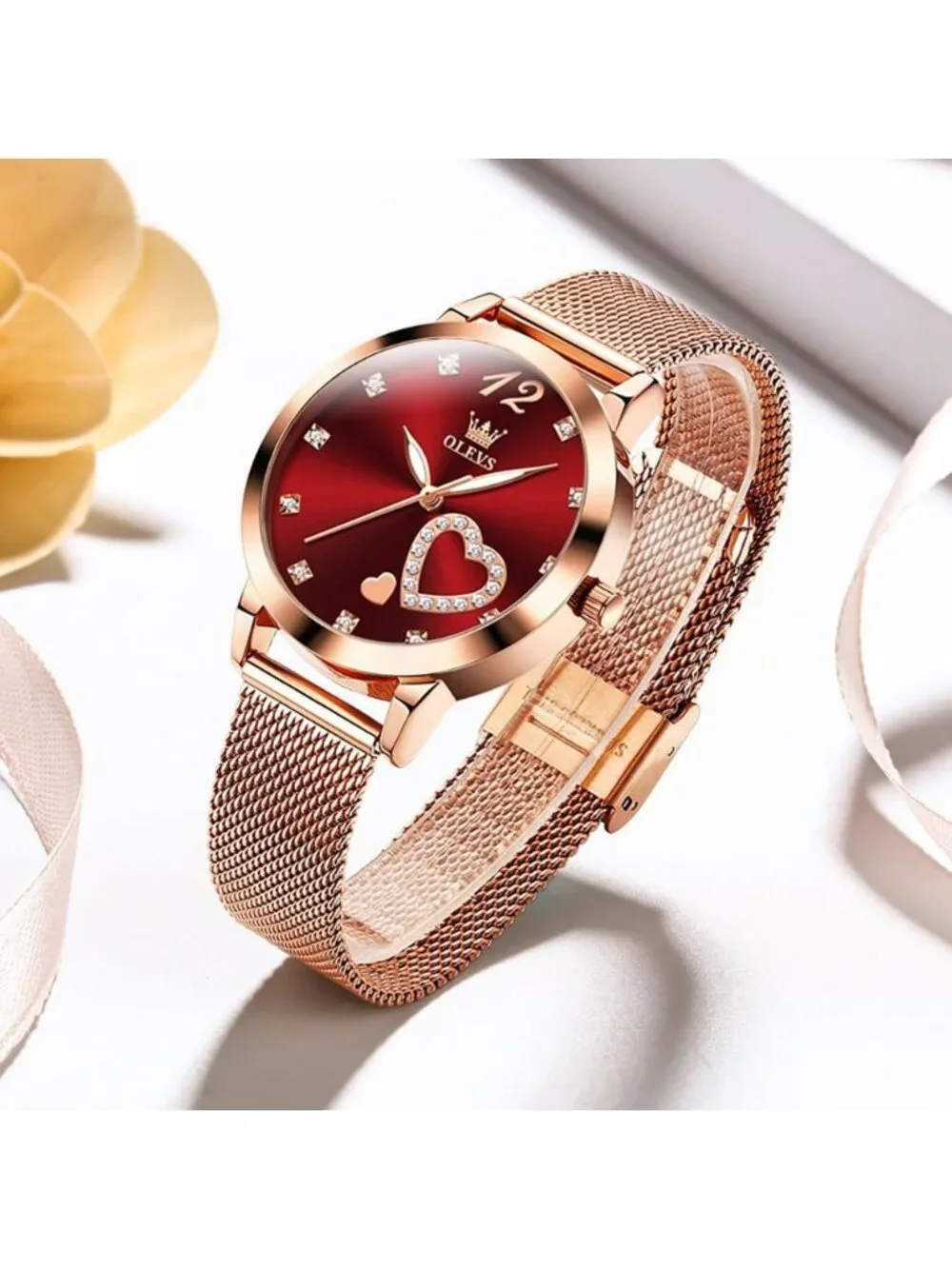 Women's Red Mesh Strap Fashion Dress Hearts Quartz Bracelet Sets Ladies Watch